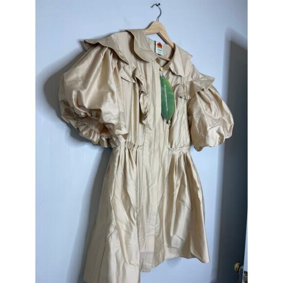 NWT Farm Rio Active Button Short Puffed Sleeve Pleated Mini Dress Beige Size: M - Picture 3 of 7